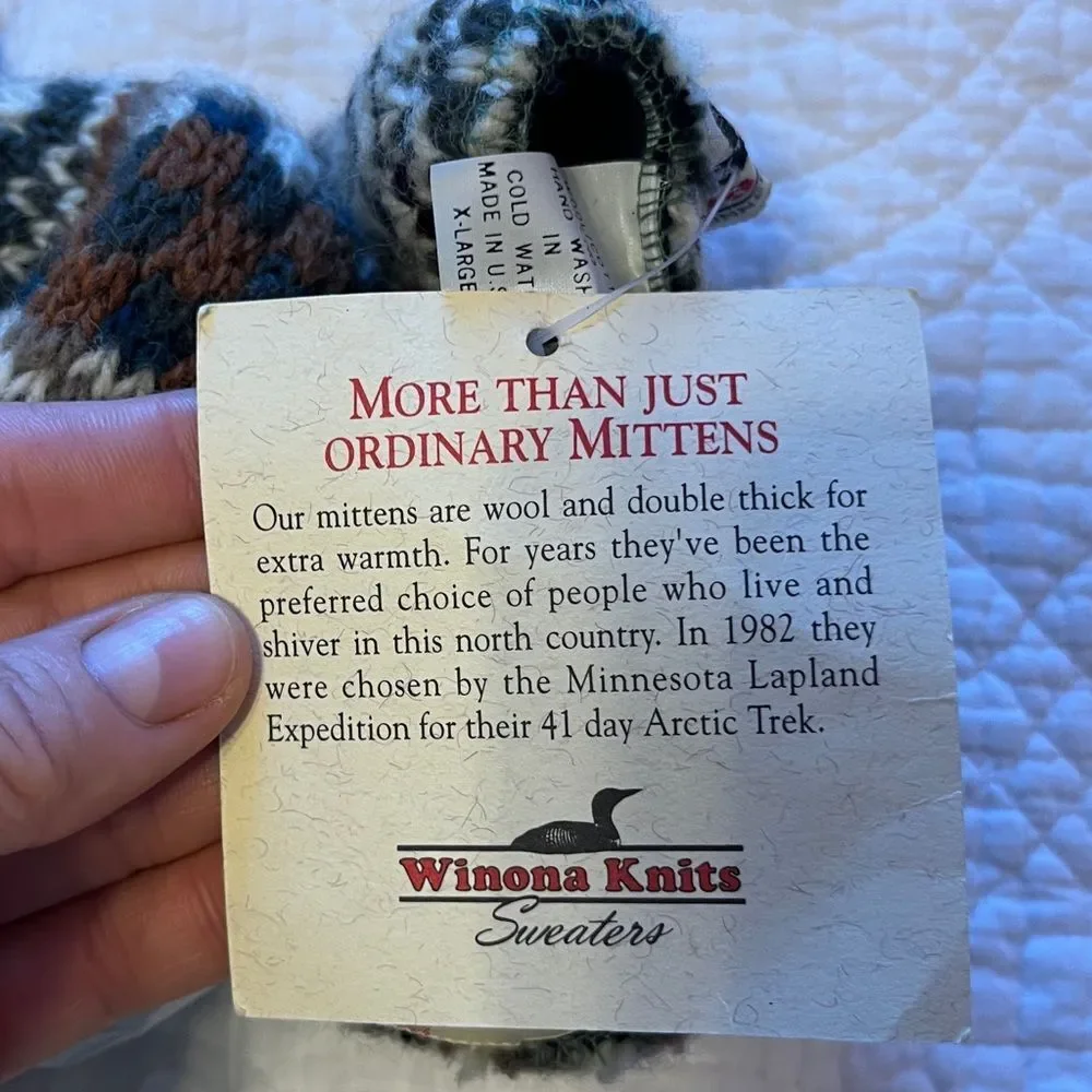 Vintage Winona Knits Minnesota Mitten Sz XL Wool Cotton Winter Cottage Cabin Tan
